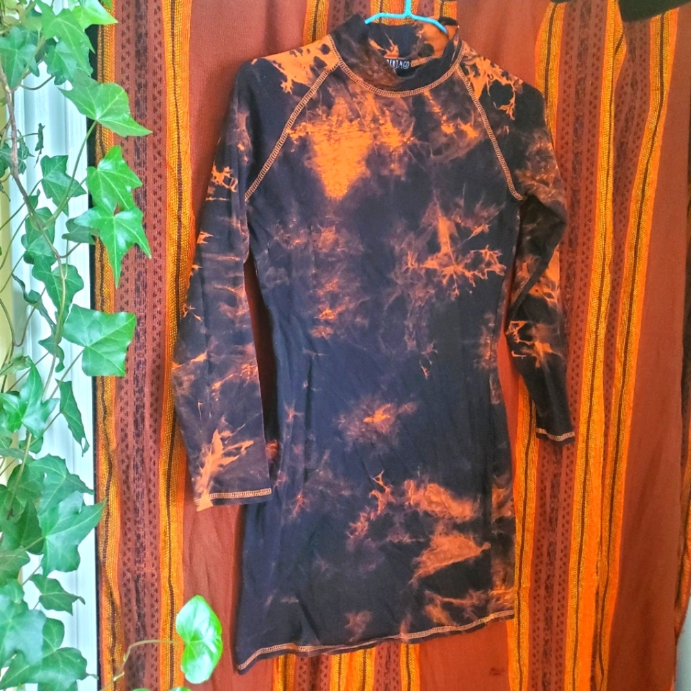 Dolls Kill Black & Orange Tie-Dye Mock Neck Long Sleeve Dress